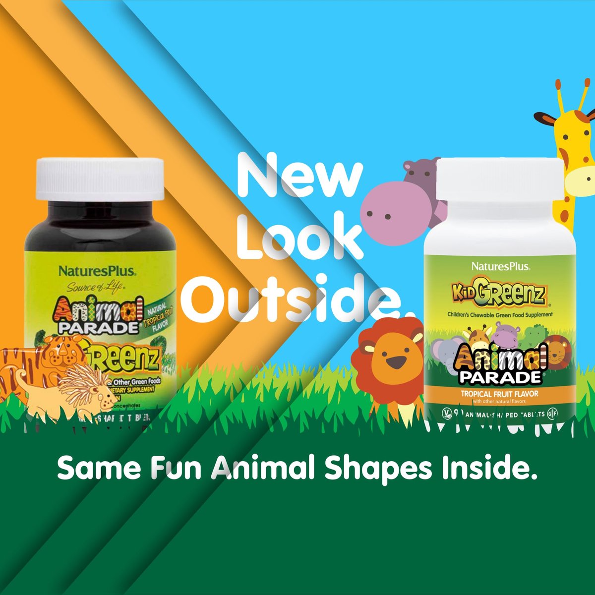 NaturesPlus Animal Parade KidGreenz, tropischer Fruchtgeschmack - 90 tierförmige Kautabletten - Vegetarisch, glutenfrei - 90 Portionen