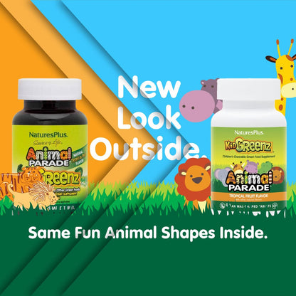 NaturesPlus Animal Parade KidGreenz, tropischer Fruchtgeschmack - 90 tierförmige Kautabletten - Vegetarisch, glutenfrei - 90 Portionen