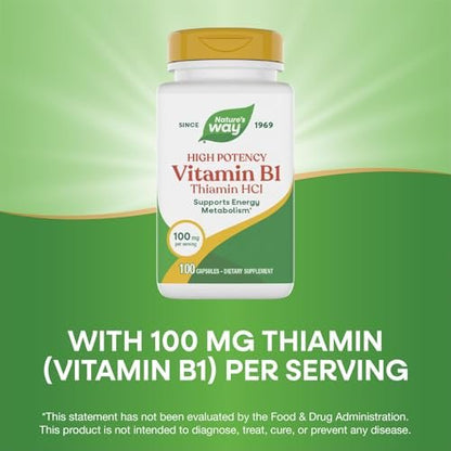 Nature's Way Vitamin B1, hochdosiert, 100 mg Thiamin pro Portion, Thiamin HCl, unterstützt den Energiestoffwechsel*, glutenfrei, 100 Kapseln (Verpackung kann variieren)