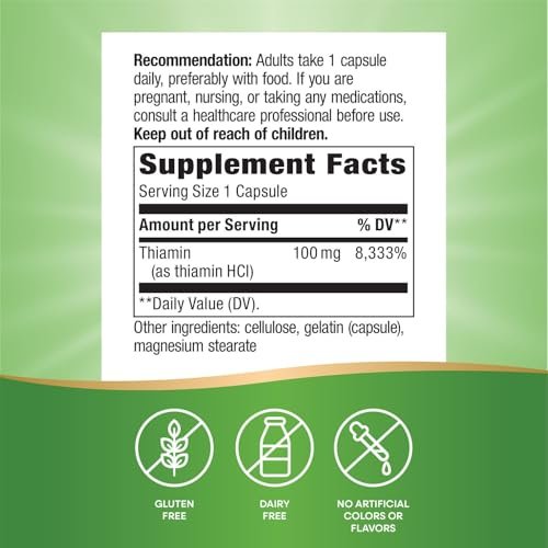 Nature's Way Vitamin B1, hochdosiert, 100 mg Thiamin pro Portion, Thiamin HCl, unterstützt den Energiestoffwechsel*, glutenfrei, 100 Kapseln (Verpackung kann variieren)