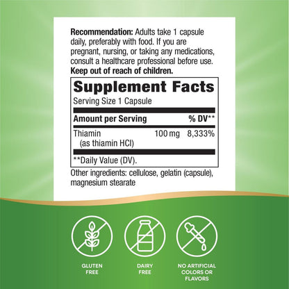 Nature's Way Vitamin B1, hochdosiert, 100 mg Thiamin pro Portion, Thiamin HCl, unterstützt den Energiestoffwechsel*, glutenfrei, 100 Kapseln (Verpackung kann variieren)