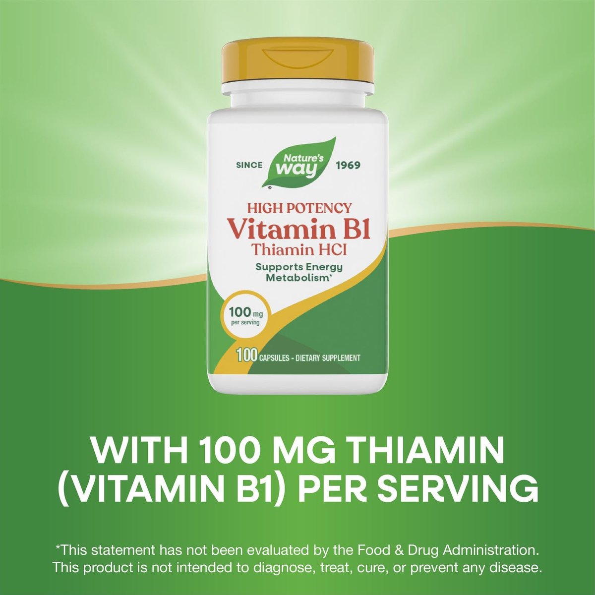 Nature's Way Vitamin B1, hochdosiert, 100 mg Thiamin pro Portion, Thiamin HCl, unterstützt den Energiestoffwechsel*, glutenfrei, 100 Kapseln (Verpackung kann variieren)