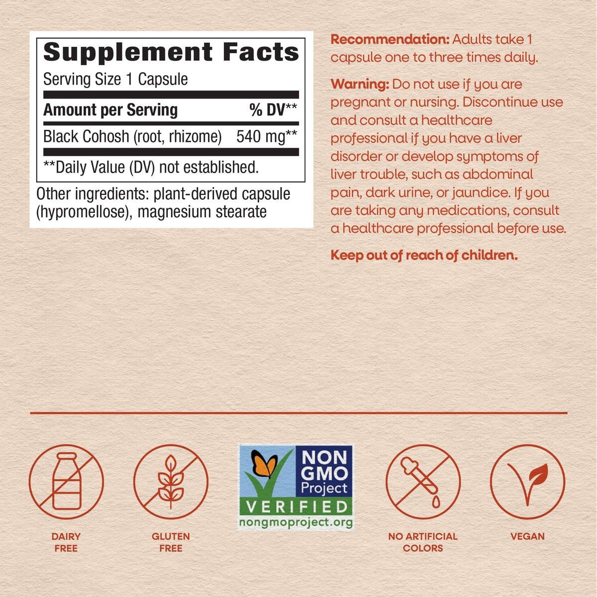 Nature's Way Black Cohosh Wurzel Kapseln – Traditionelles pflanzliches Nahrungsergänzungsmittel für Frauen, Cimicifuga Racemosa Wurzel, Non-GMO Project verifiziert, vegan, 100 Kapseln