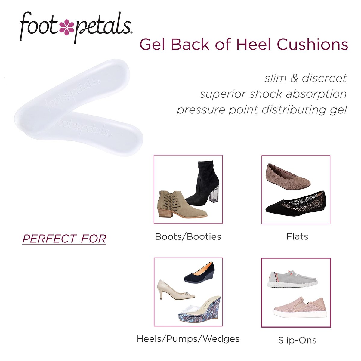 Foot Petals Fersenpolster für Frauen – Gel-Einlagen für die Rückseite der Ferse, Schmerzlinderung und perfekte Passform, 1 Paar, Transparent