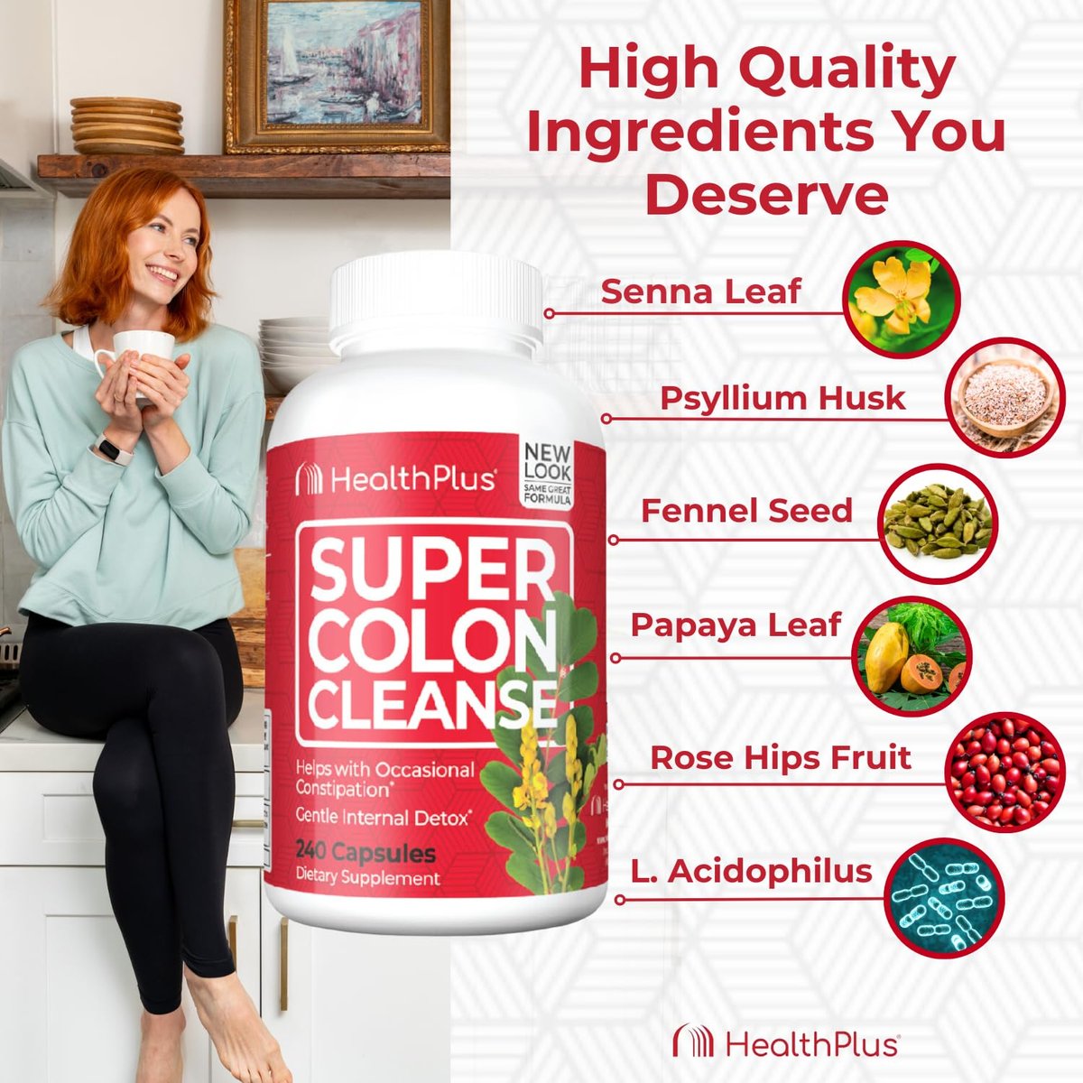 Health Plus Super Colon Cleanse 60-Tage-Kur: Sanfte Darmreinigung mit Flohsamenschalen & Probiotika – 240 Kapseln