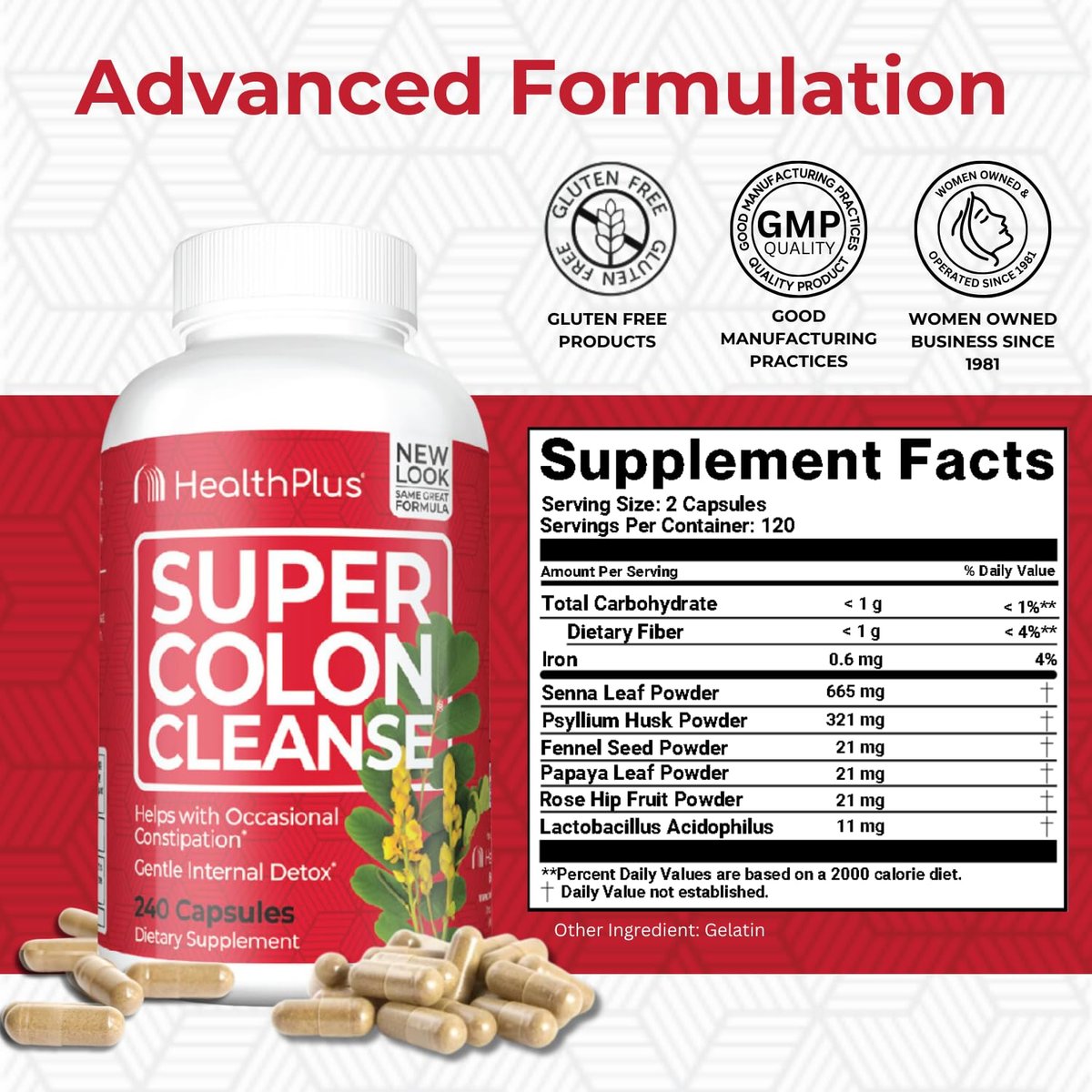 Health Plus Super Colon Cleanse 60-Tage-Kur: Sanfte Darmreinigung mit Flohsamenschalen & Probiotika – 240 Kapseln