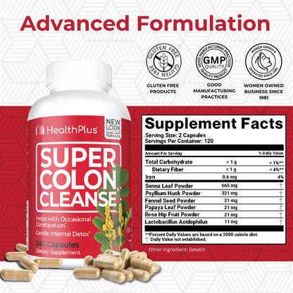 Health Plus Super Colon Cleanse 60-Tage-Kur: Sanfte Darmreinigung mit Flohsamenschalen & Probiotika – 240 Kapseln