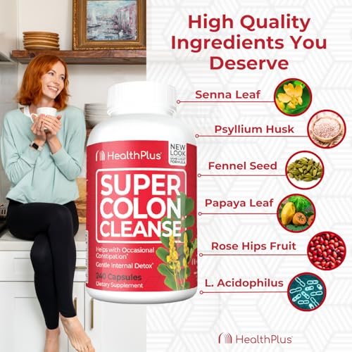 Health Plus Super Colon Cleanse 60-Tage-Kur: Sanfte Darmreinigung mit Flohsamenschalen & Probiotika – 240 Kapseln
