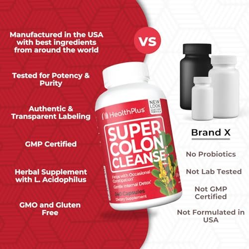 Health Plus Super Colon Cleanse 60-Tage-Kur: Sanfte Darmreinigung mit Flohsamenschalen & Probiotika – 240 Kapseln