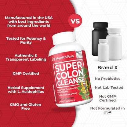 Health Plus Super Colon Cleanse 60-Tage-Kur: Sanfte Darmreinigung mit Flohsamenschalen & Probiotika – 240 Kapseln