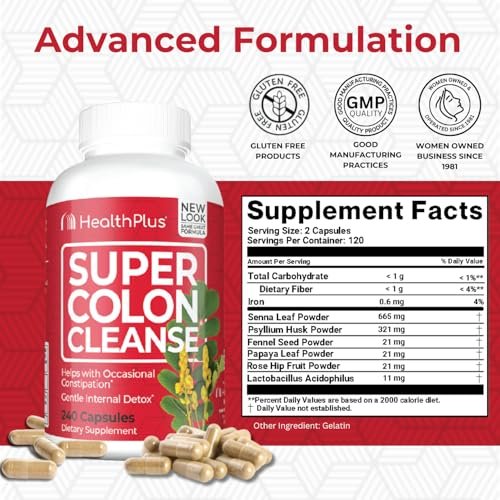 Health Plus Super Colon Cleanse 60-Tage-Kur: Sanfte Darmreinigung mit Flohsamenschalen & Probiotika – 240 Kapseln
