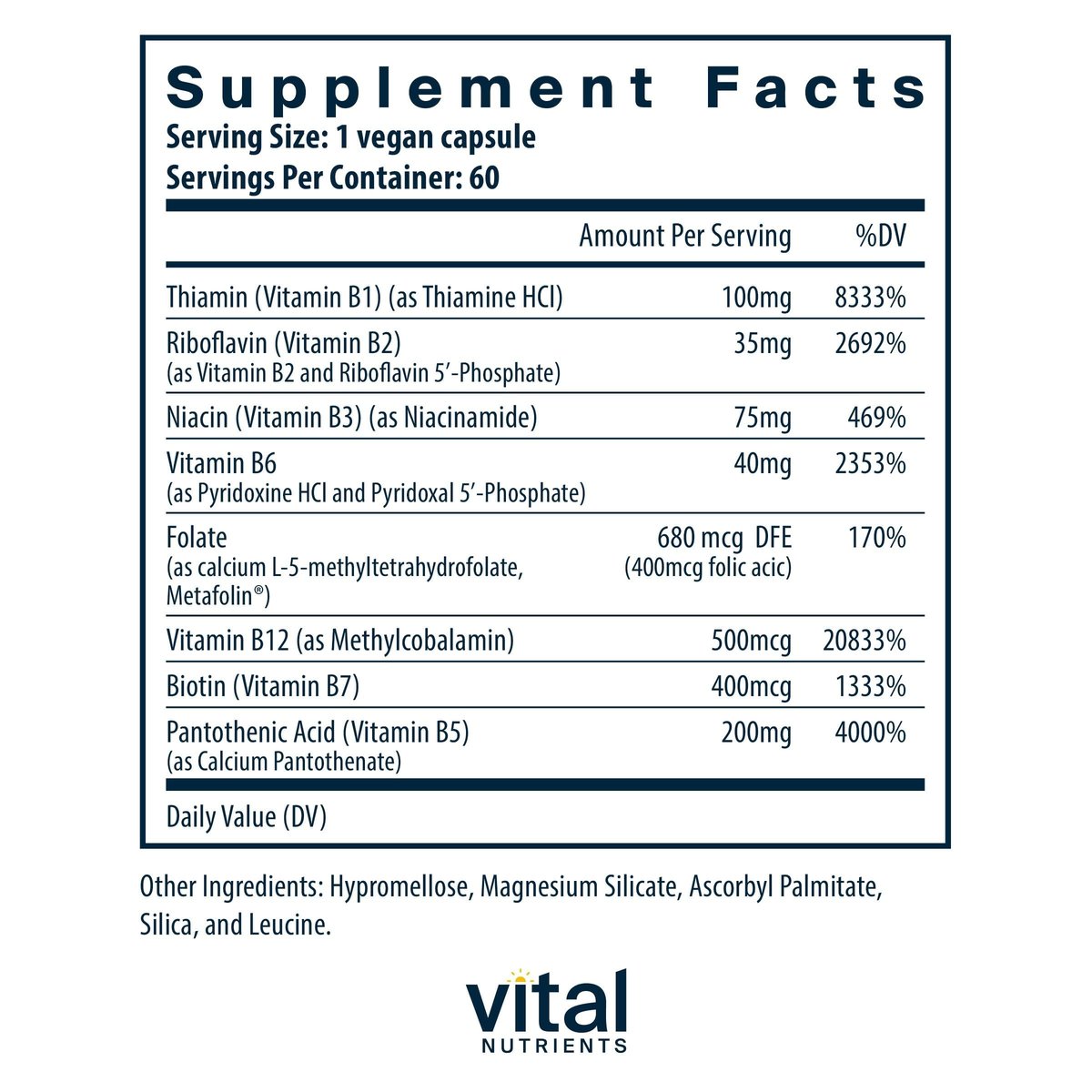 Vital Nutrients Vitamin B-Komplex - Vegane hochdosierte methylierte B-Vitamine für Energieproduktion, Stoffwechsel und Herzgesundheit - gluten-, milch- und sojafrei - 60 Kapseln