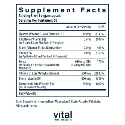 Vital Nutrients Vitamin B-Komplex - Vegane hochdosierte methylierte B-Vitamine für Energieproduktion, Stoffwechsel und Herzgesundheit - gluten-, milch- und sojafrei - 60 Kapseln