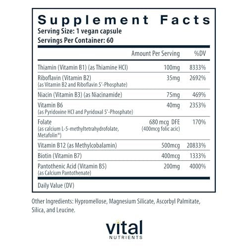 Vital Nutrients Vitamin B-Komplex - Vegane hochdosierte methylierte B-Vitamine für Energieproduktion, Stoffwechsel und Herzgesundheit - gluten-, milch- und sojafrei - 60 Kapseln
