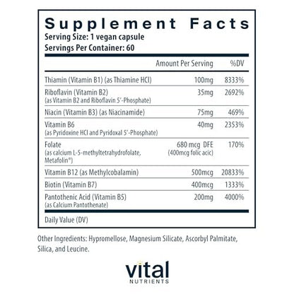 Vital Nutrients Vitamin B-Komplex - Vegane hochdosierte methylierte B-Vitamine für Energieproduktion, Stoffwechsel und Herzgesundheit - gluten-, milch- und sojafrei - 60 Kapseln