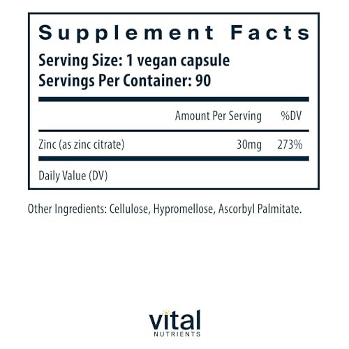 Vital Nutrients Zinkcitrat 30mg – Leicht absorbierbares Immununterstützungspräparat – Veganes Zink – Gluten-, Milch- und sojafrei – Non-GMO – 30mg – 90 Kapseln