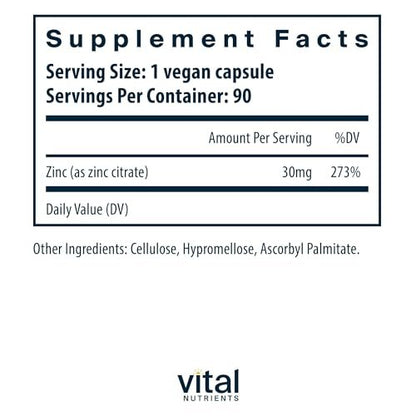 Vital Nutrients Zinkcitrat 30mg – Leicht absorbierbares Immununterstützungspräparat – Veganes Zink – Gluten-, Milch- und sojafrei – Non-GMO – 30mg – 90 Kapseln