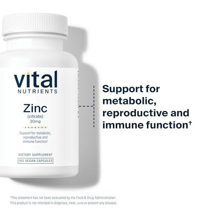 Vital Nutrients Zinkcitrat 30mg – Leicht absorbierbares Immununterstützungspräparat – Veganes Zink – Gluten-, Milch- und sojafrei – Non-GMO – 30mg – 90 Kapseln