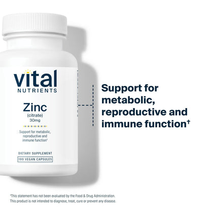 Vital Nutrients Zinkcitrat 30mg – Leicht absorbierbares Immununterstützungspräparat – Veganes Zink – Gluten-, Milch- und sojafrei – Non-GMO – 30mg – 90 Kapseln