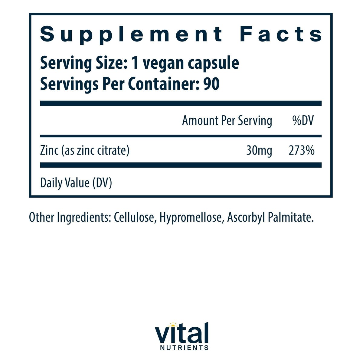 Vital Nutrients Zinkcitrat 30mg – Leicht absorbierbares Immununterstützungspräparat – Veganes Zink – Gluten-, Milch- und sojafrei – Non-GMO – 30mg – 90 Kapseln