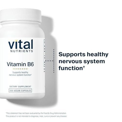 Vital Nutrients Vitamin B6 – Veganes Pyridoxin HCl für Nervensystem, Muskeln & Knochen* – Hochdosiertes Vitamin B6 bei Menstruationsbeschwerden* – Gluten-, Milch- & Sojafrei – 100 Kapseln