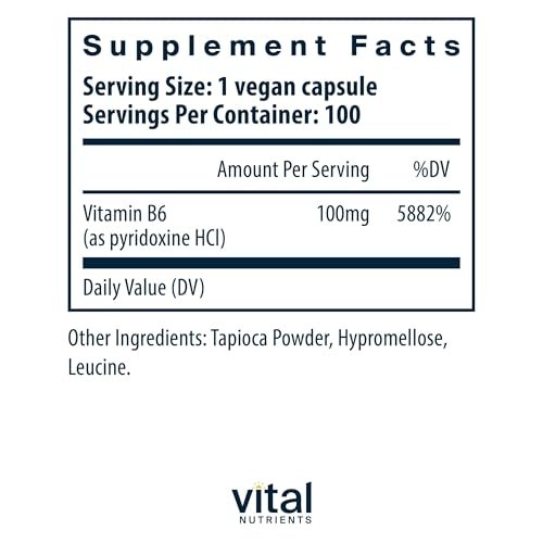 Vital Nutrients Vitamin B6 – Veganes Pyridoxin HCl für Nervensystem, Muskeln & Knochen* – Hochdosiertes Vitamin B6 bei Menstruationsbeschwerden* – Gluten-, Milch- & Sojafrei – 100 Kapseln