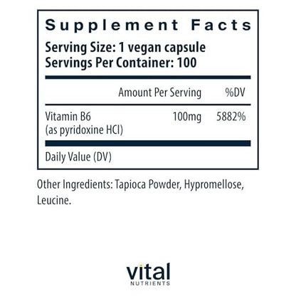 Vital Nutrients Vitamin B6 – Veganes Pyridoxin HCl für Nervensystem, Muskeln & Knochen* – Hochdosiertes Vitamin B6 bei Menstruationsbeschwerden* – Gluten-, Milch- & Sojafrei – 100 Kapseln