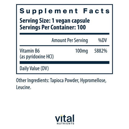 Vital Nutrients Vitamin B6 – Veganes Pyridoxin HCl für Nervensystem, Muskeln & Knochen* – Hochdosiertes Vitamin B6 bei Menstruationsbeschwerden* – Gluten-, Milch- & Sojafrei – 100 Kapseln