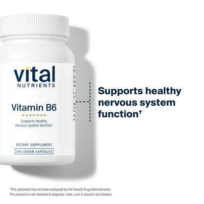 Vital Nutrients Vitamin B6 – Veganes Pyridoxin HCl für Nervensystem, Muskeln & Knochen* – Hochdosiertes Vitamin B6 bei Menstruationsbeschwerden* – Gluten-, Milch- & Sojafrei – 100 Kapseln