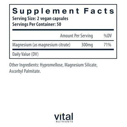 Vital Nutrients Magnesiumcitrat 150mg – Fördert Entspannung – Unterstützt Schlaf, Knochen, Herz, Muskeln, Nieren & Nerven* – Veganes Supplement – Gluten-, Milchzucker- & Sojafrei – 100 Kapseln