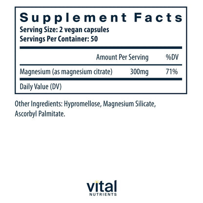 Vital Nutrients Magnesiumcitrat 150mg – Fördert Entspannung – Unterstützt Schlaf, Knochen, Herz, Muskeln, Nieren & Nerven* – Veganes Supplement – Gluten-, Milchzucker- & Sojafrei – 100 Kapseln