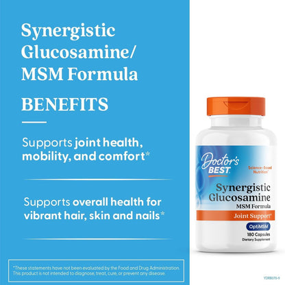 Doctor's Best Synergistic Glucosamine mit MSM Formel – Gelenkunterstützung für Frauen und Männer, mit Vitamin C, Kalium und Chlorid, Non-GMO, glutenfrei, sojafrei – 180 Kapseln