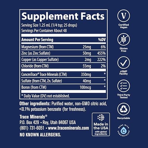 Trace Minerals | Flüssiges Ionisches Zink | 50 mg Zink mit Magnesium | Unterstützt Immunsystem, Verdauung, Wachstum & Entwicklung | Für Kinder und Erwachsene | 45 Portionen, 60 ml (1 Packung)
