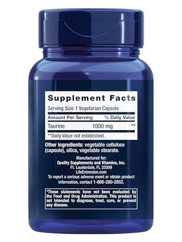 Life Extension Taurin – Reines Taurin-Aminosäurepräparat für Herz, Leber und Gehirn, 1000 mg, Non-GMO, glutenfrei, 90 vegetarische Kapseln