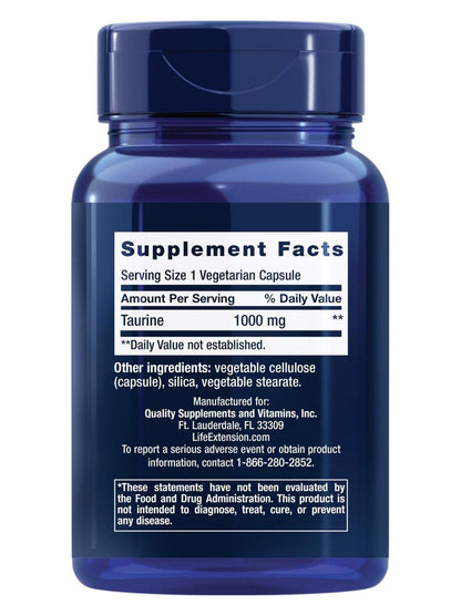 Life Extension Taurin – Reines Taurin-Aminosäurepräparat für Herz, Leber und Gehirn, 1000 mg, Non-GMO, glutenfrei, 90 vegetarische Kapseln