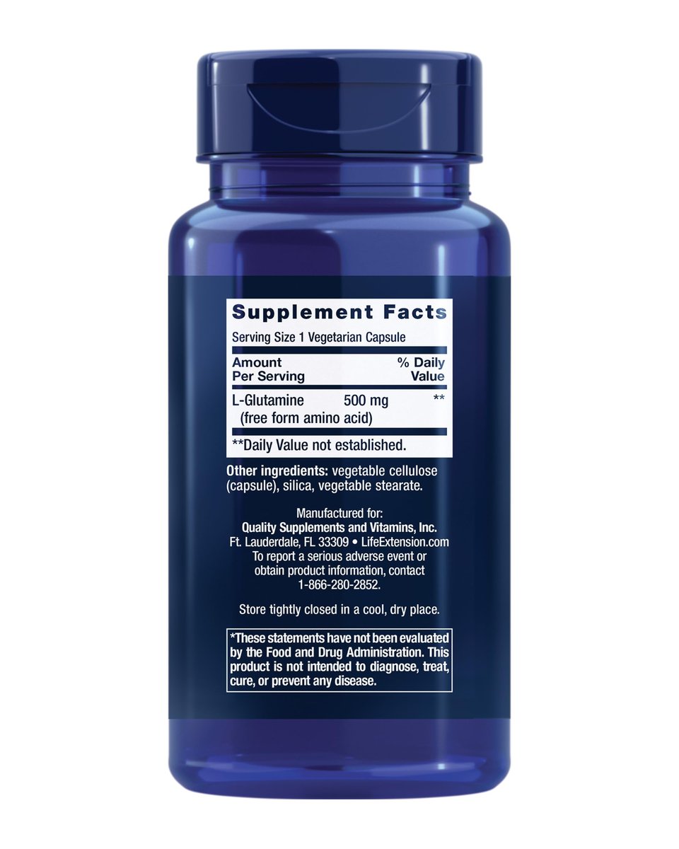 Life Extension L-Glutamin 500 mg – 100 Kapseln, Aminosäure für Muskel- und Immununterstützung, glutenfrei, nicht-GVO