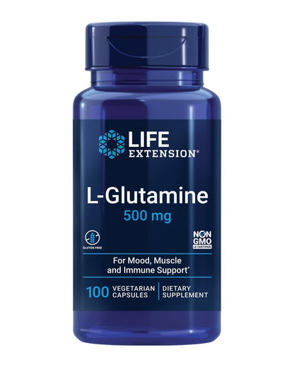 Life Extension L-Glutamin 500 mg – 100 Kapseln, Aminosäure für Muskel- und Immununterstützung, glutenfrei, nicht-GVO