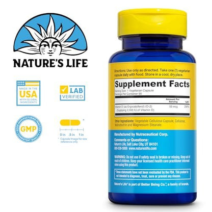 Nature's Life Vitamin D2 2000 IE als Ergocalciferol – Immununterstützung, Kalziumaufnahme & Knochengesundheit – 90 vegane Kapseln