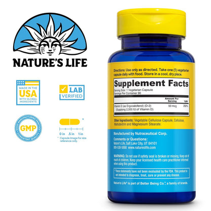 Nature's Life Vitamin D2 2000 IE als Ergocalciferol – Immununterstützung, Kalziumaufnahme & Knochengesundheit – 90 vegane Kapseln