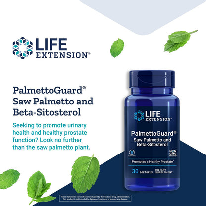 Life Extension PalmettoGuard Sägepalmen- & Beta-Sitosterol-Kapseln – Unterstützt gesunde Prostatagesundheit & Hormonstoffwechsel – Nahrungsergänzung für Männer – Glutenfrei, Nicht-GVO – 30 Softgels