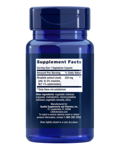 Life Extension Rhodiola Extrakt – Rhodiola rosea Supplement mit standardisiertem Extrakt – Fördert körperliche und geistige Leistungsfähigkeit – Glutenfrei, Nicht-GVO, Vegetarisch – 250 mg, 60 Kapseln