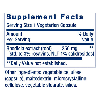 Life Extension Rhodiola Extrakt – Rhodiola rosea Supplement mit standardisiertem Extrakt – Fördert körperliche und geistige Leistungsfähigkeit – Glutenfrei, Nicht-GVO, Vegetarisch – 250 mg, 60 Kapseln