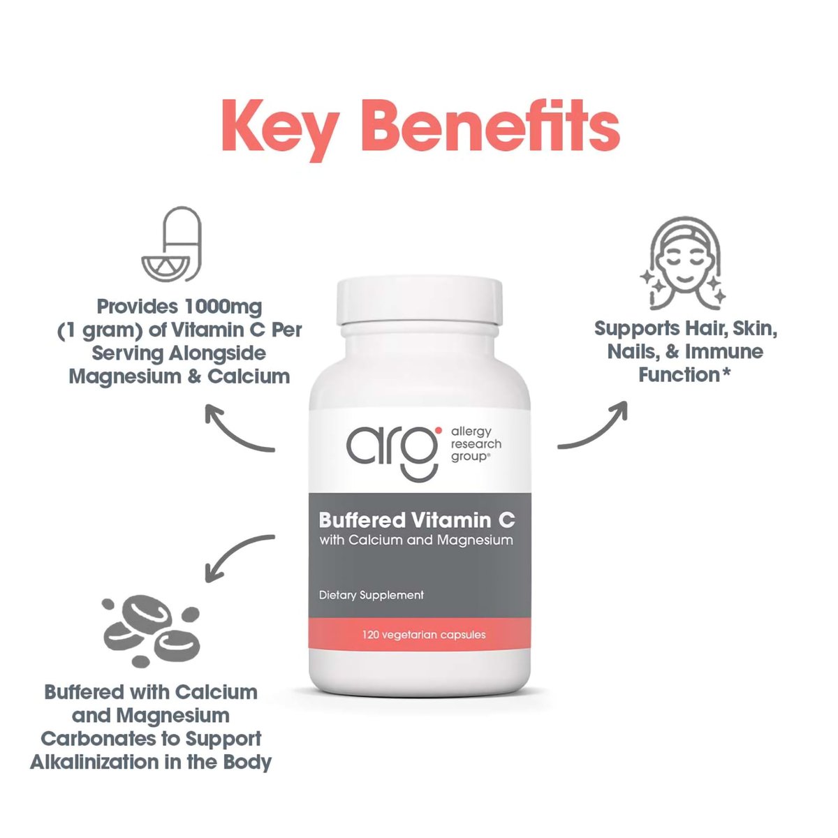 Allergy Research Group ARG Gepufferte Vitamin C - 1000 mg Vitamin C - Immununterstützung - Vegetarische Kapseln - Hypoallergene Formel - 60 Portionen - 120 Stück