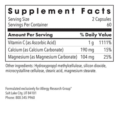 Allergy Research Group ARG Gepufferte Vitamin C - 1000 mg Vitamin C - Immununterstützung - Vegetarische Kapseln - Hypoallergene Formel - 60 Portionen - 120 Stück