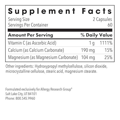 Allergy Research Group ARG Gepufferte Vitamin C - 1000 mg Vitamin C - Immununterstützung - Vegetarische Kapseln - Hypoallergene Formel - 60 Portionen - 120 Stück