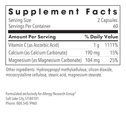 Allergy Research Group ARG Gepufferte Vitamin C - 1000 mg Vitamin C - Immununterstützung - Vegetarische Kapseln - Hypoallergene Formel - 60 Portionen - 120 Stück