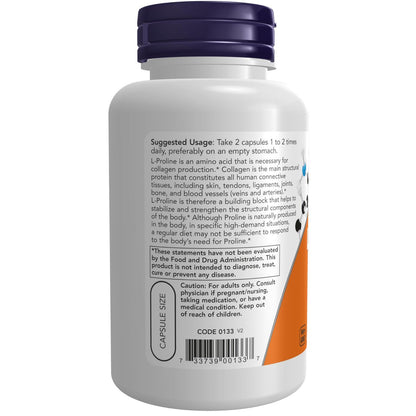 NOW Foods L-Prolin 500 mg, Kollagenproduktion*, Strukturelle Unterstützung*, 120 vegane Kapseln