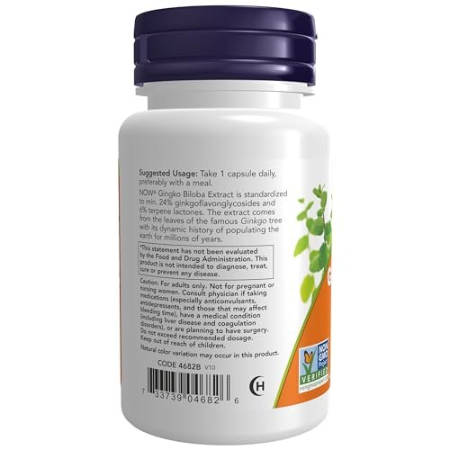 NOW Foods Ginkgo Biloba 120 mg, Doppelte Stärke, Non-GMO Project Verified, 50 Vegane Kapseln