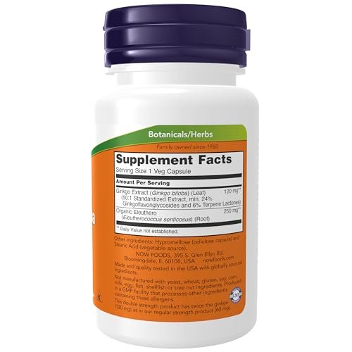 NOW Foods Ginkgo Biloba 120 mg, Doppelte Stärke, Non-GMO Project Verified, 50 Vegane Kapseln