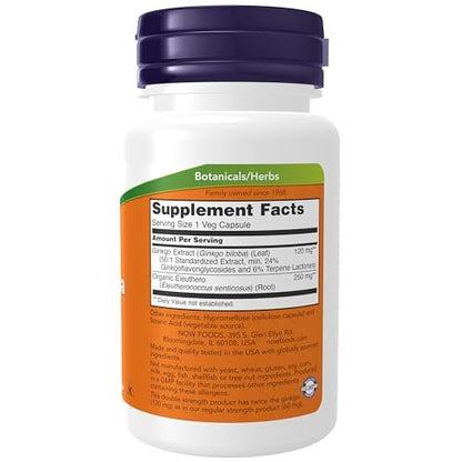 NOW Foods Ginkgo Biloba 120 mg, Doppelte Stärke, Non-GMO Project Verified, 50 Vegane Kapseln